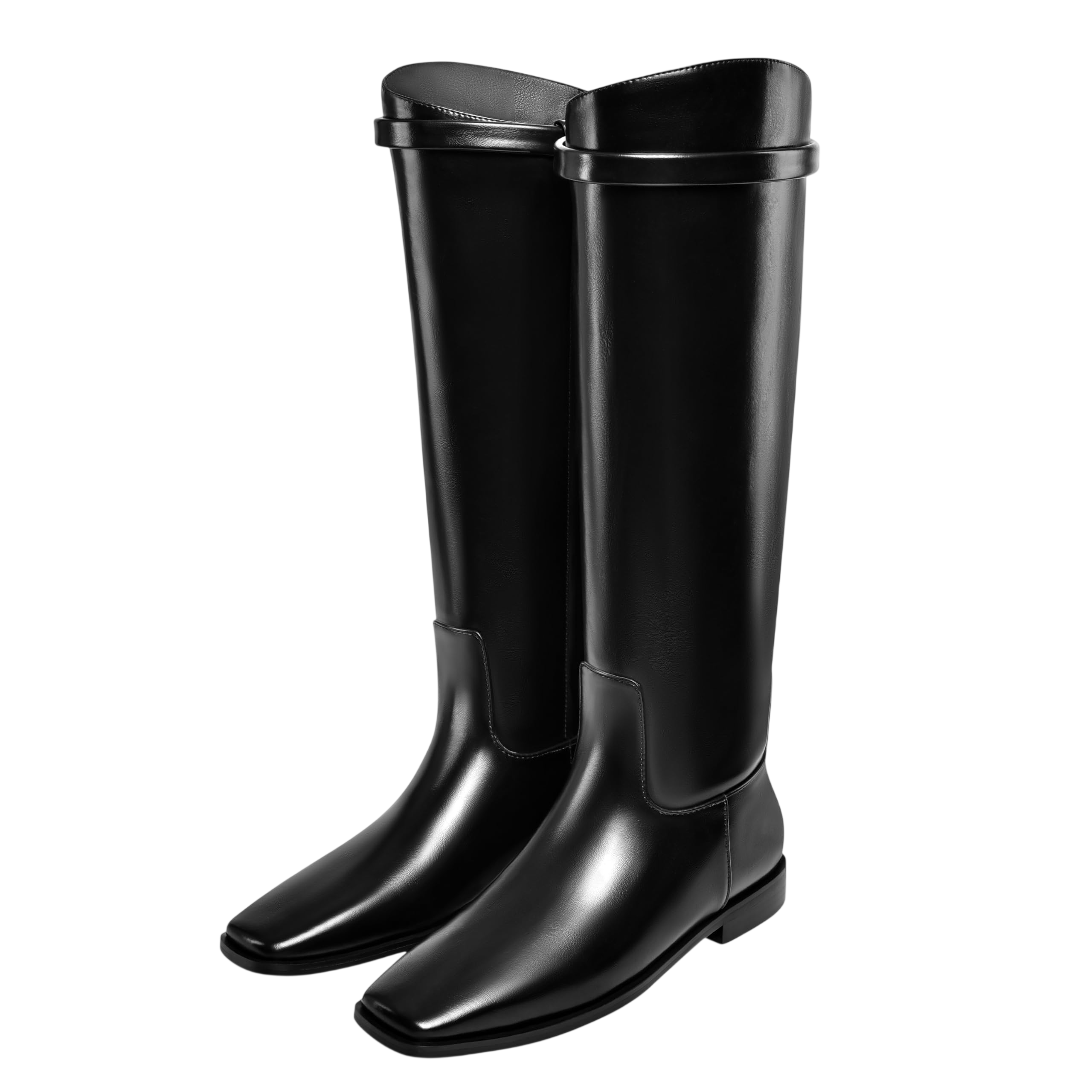 Vaslemuse Women Knee High Flat Boots Square Toe Long Leather Boots Block Low Heel Knee Fall Riding Boots With Back Zips Black Size 7 5