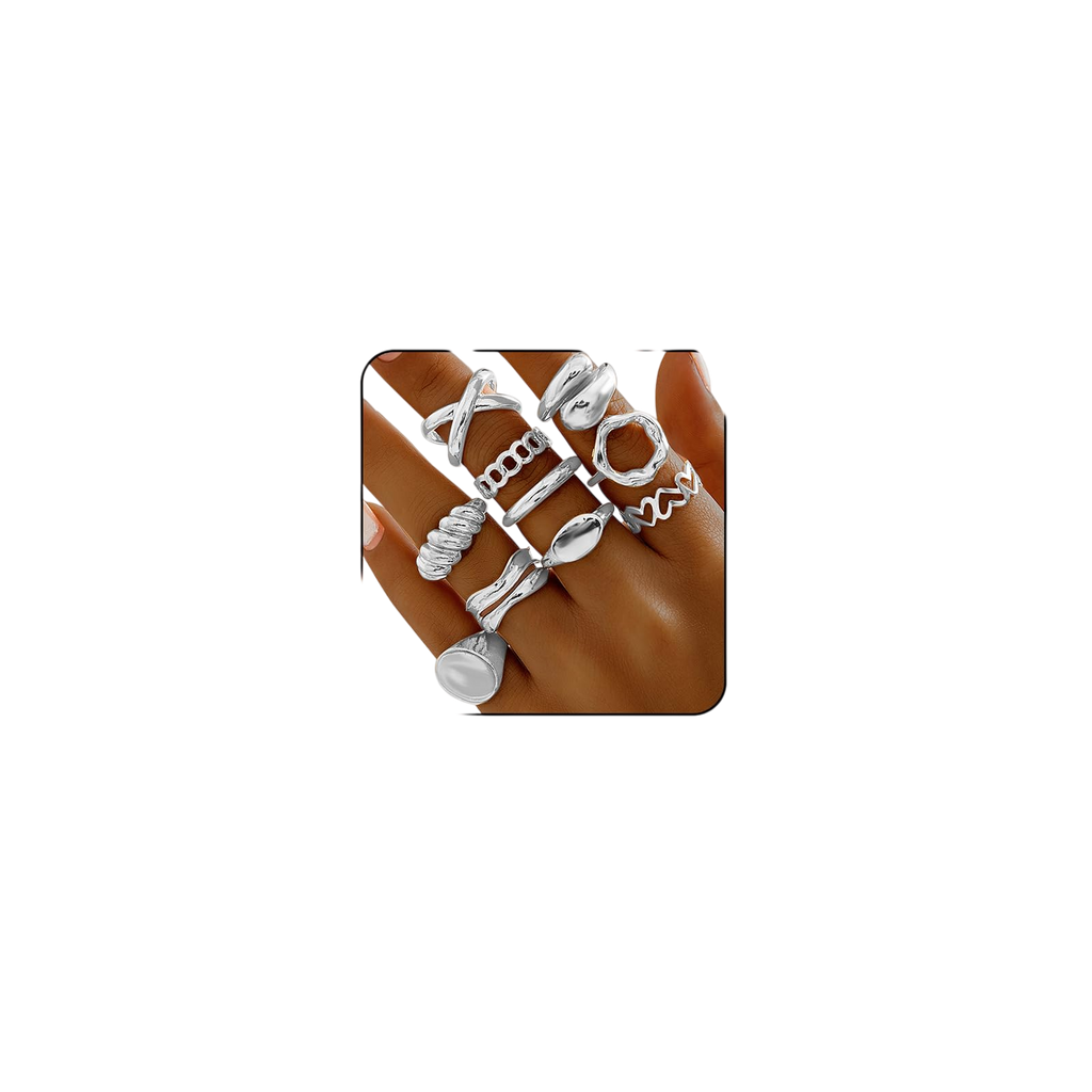 Chunky Gold Rings for Women Adjustable Silver Statement Rings Open Bold Thick Rings Gold Stackable Rings Chunky Silver Rings for Women Chunky Rings Set Silver Gold Plated Jewelry (Style6_silver 10pcs)
