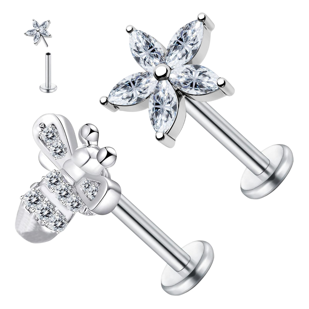 VERAMI 2PCS 16G Surgical Steel Pushin Flower Lip Rings Bee Nose Stud Rings Top Push in Threadless Flat Back Nose Rings Studs Cartilage Earrings for Womens