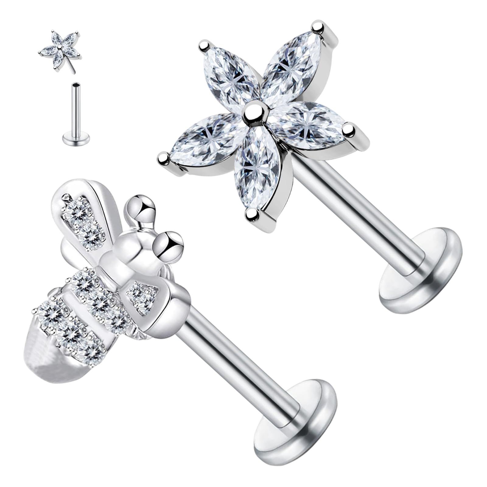 VERAMI 2PCS 16G Surgical Steel Pushin Flower Lip Rings Bee Nose Stud Rings Top Push in Threadless Flat Back Nose Rings Studs Cartilage Earrings for Womens