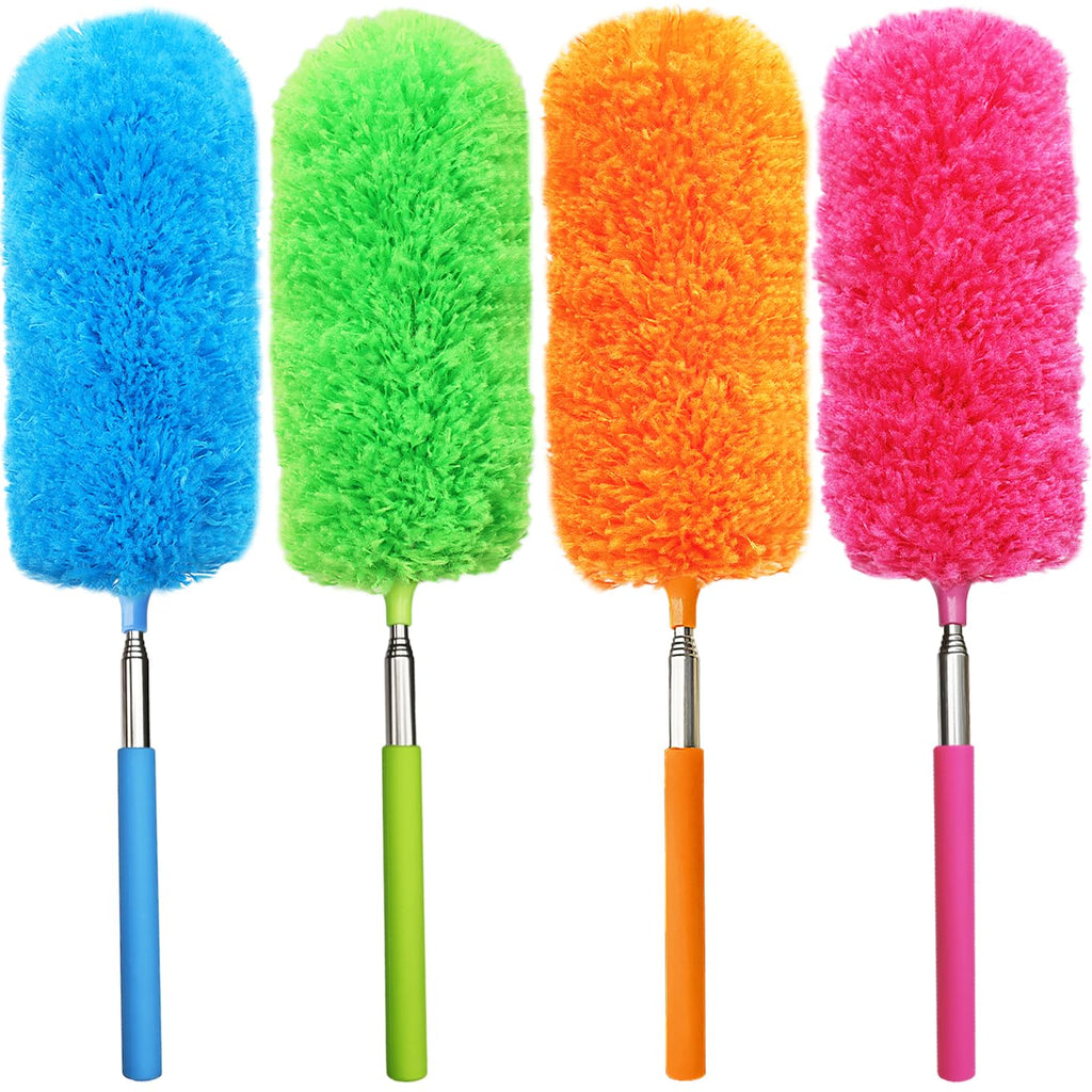 4 Pack Small Washable Microfiber Feather Duster with Extendable Pole and Bendable Head Cleaning Tool for Cleaning Office Car Computer Furniture Sofa (Orange/Blue/Green/Rose Red)