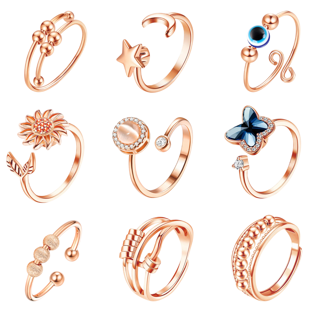 FIBO STEEL 9 Pcs Fidget Anxiety Rings for Women Men Spinner Rings for Anxiety Relieving Stress Open CZ Flower Moon Star Anti Rotatable Rings Adjustable