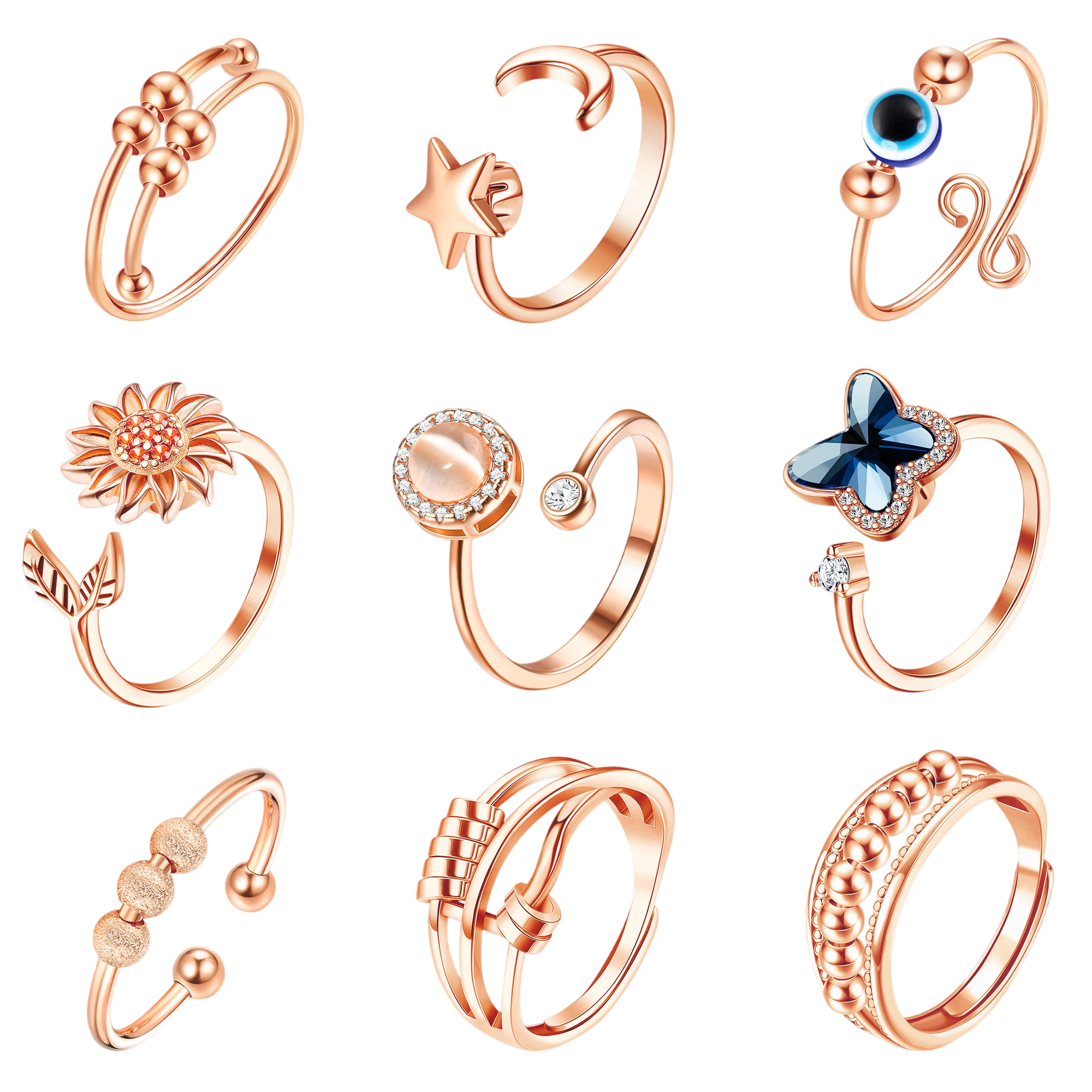 FIBO STEEL 9 Pcs Fidget Anxiety Rings for Women Men Spinner Rings for Anxiety Relieving Stress Open CZ Flower Moon Star Anti Rotatable Rings Adjustable