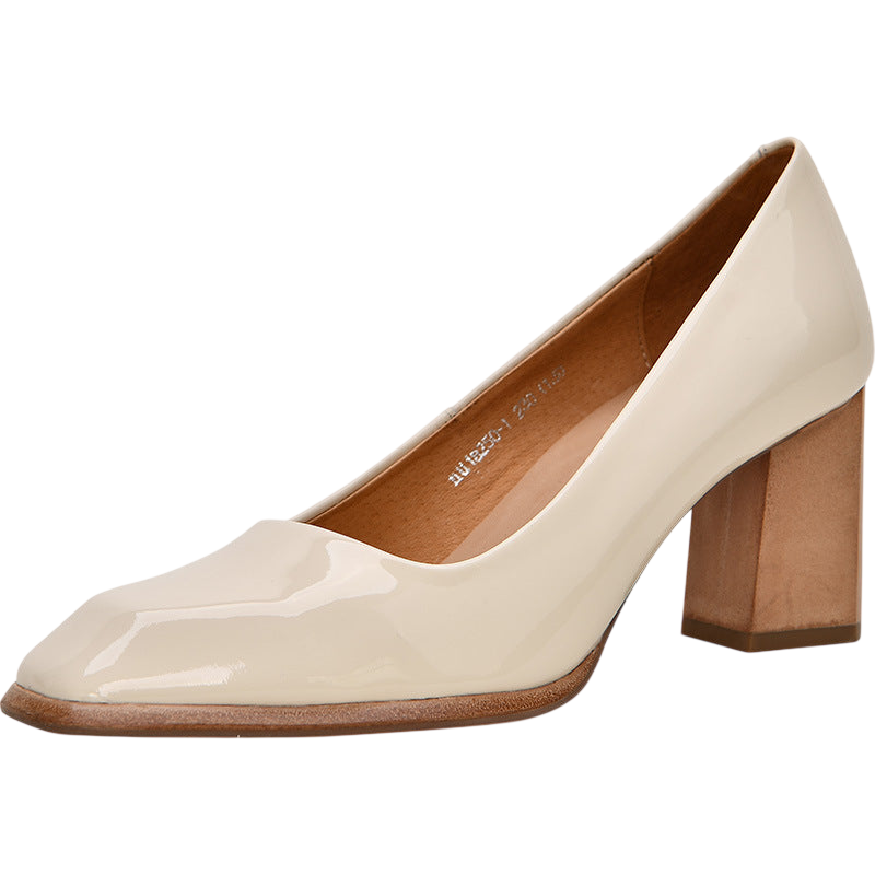 Womens Ivory Patent Leather Chunky Heel Pumps