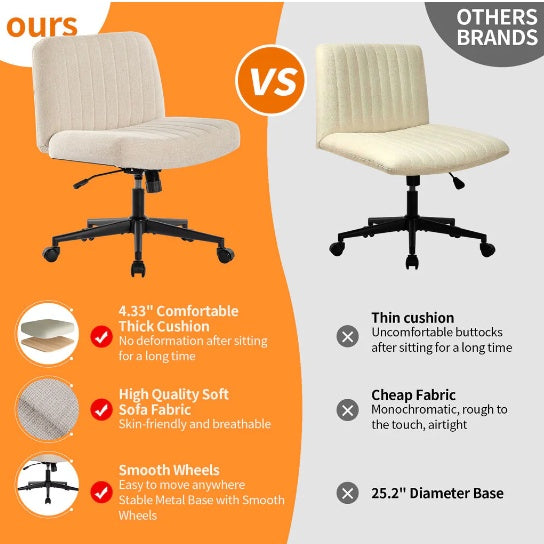 Armless Office Chair, Linen Wide Seat Home Office Chair, Cute Computer Chair With Swing Backrest