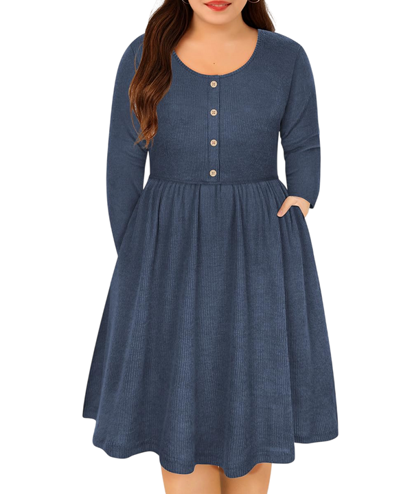 RITERA Womens Plus Size Dresses Long Sleeves Sweater Dress Crewneck Wedding Guest Dresses for Women Casual Ribbed Knit Evening Dresses Blue Knee Length Party Dresses with Pockets 3XL 22W 24W