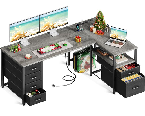 Coleshome L Shaped Computer Desk with 6 Drawers & Power Outlet 55 Inch Corner Desk with Reversible Storage Shelf & File Drawer Home Office Desk Grey Oak
