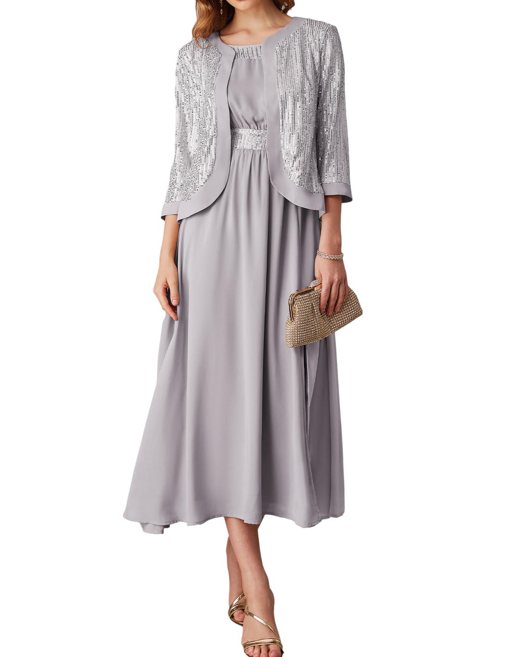 Womens Formal Dresses For Wedding Guest Mother Of The Bride Dresses Sparkly Sequin Dresses Shiny Two Piece Dress Silver White