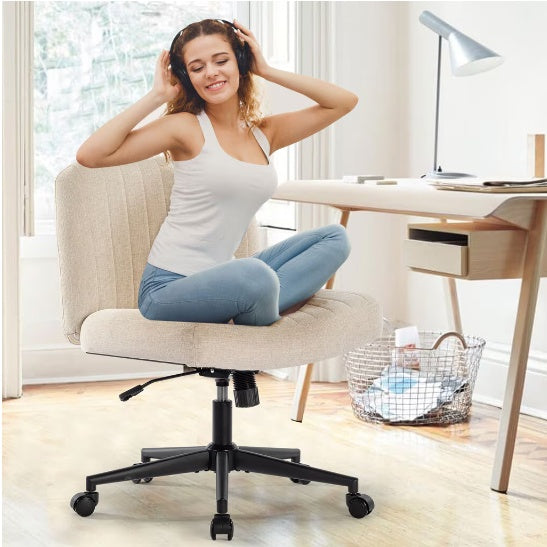 Armless Office Chair, Linen Wide Seat Home Office Chair, Cute Computer Chair With Swing Backrest