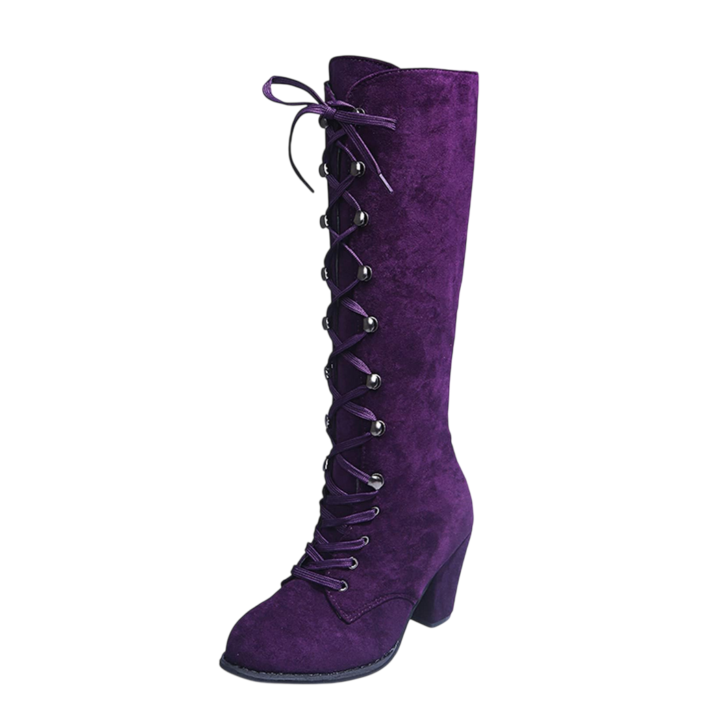 Sacfof Womens Suede Knee High Boot Ladies Lace Up High Chunky Heeled Winter Boots Combat Riding Military Boots For Women