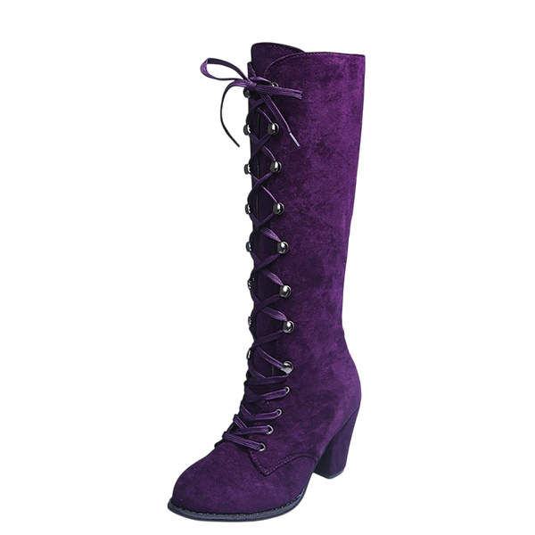 SACFOF Womens Suede Knee High Boot Ladies Lace up High Chunky Heeled Winter Boots Combat Riding Military Boots for Women